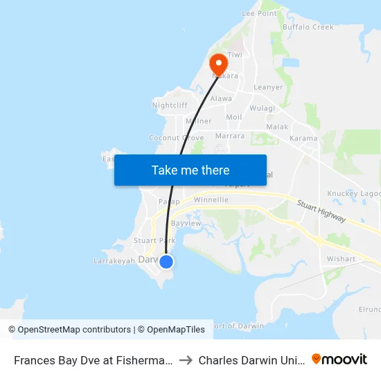 Frances Bay Dve at Fishermans Wharf to Charles Darwin University map