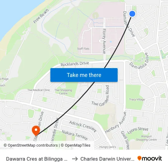 Dawarra Cres at Bilingga Park to Charles Darwin University map