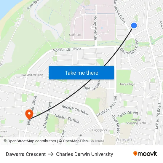 Dawarra Crescent to Charles Darwin University map