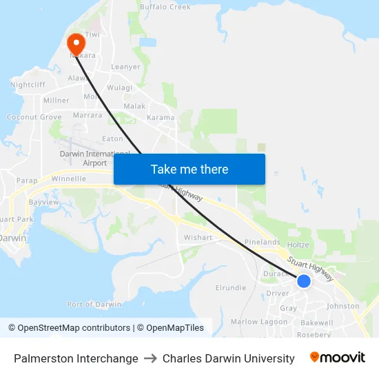 Palmerston Interchange to Charles Darwin University map