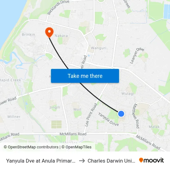 Yanyula Dve at Anula Primary School to Charles Darwin University map