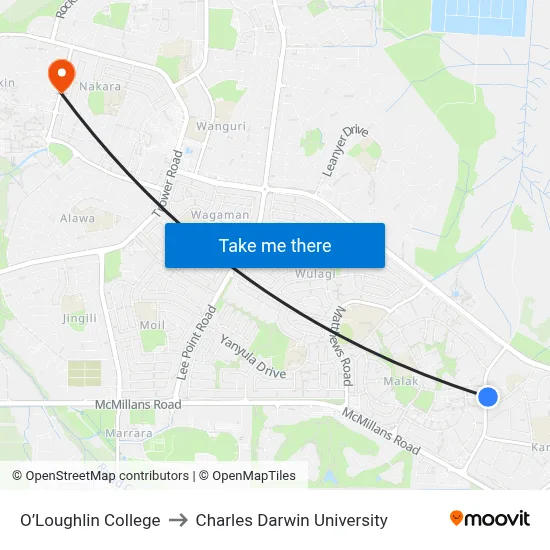 O’Loughlin College to Charles Darwin University map