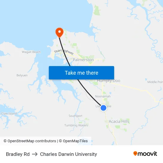 Bradley Rd to Charles Darwin University map