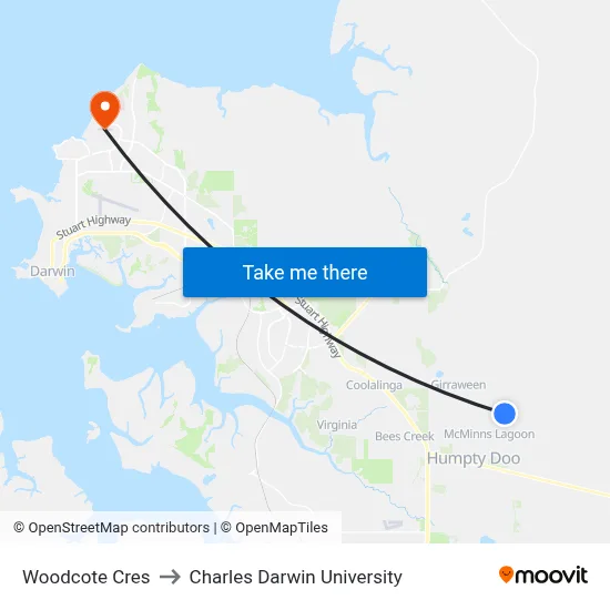 Woodcote Cres to Charles Darwin University map