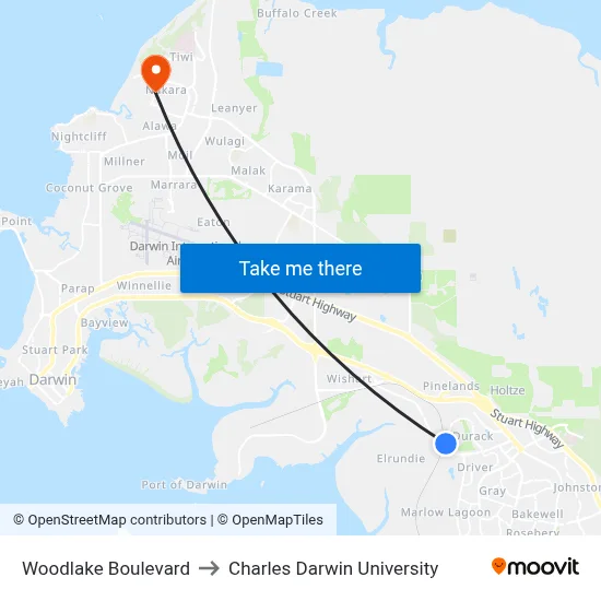 Woodlake Boulevard to Charles Darwin University map