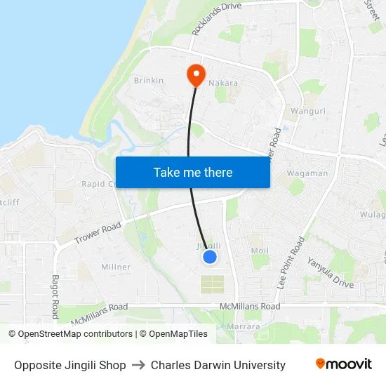 Opposite Jingili Shop to Charles Darwin University map