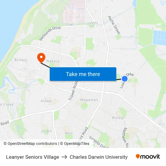 Leanyer Seniors Village to Charles Darwin University map