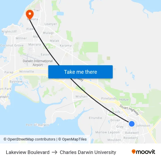 Lakeview Boulevard to Charles Darwin University map