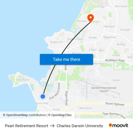 Pearl Retirement Resort to Charles Darwin University map