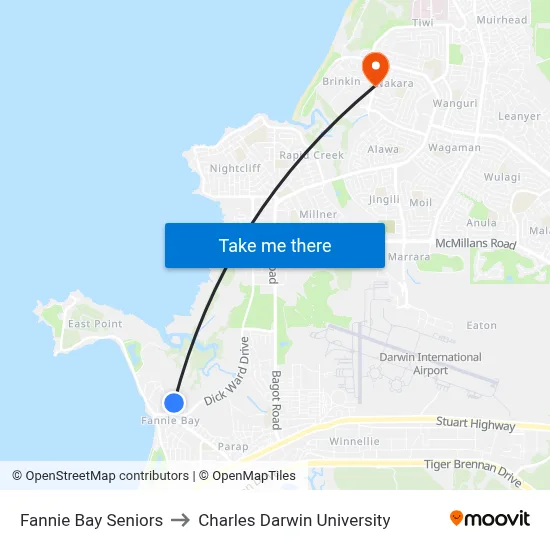 Fannie Bay Seniors to Charles Darwin University map