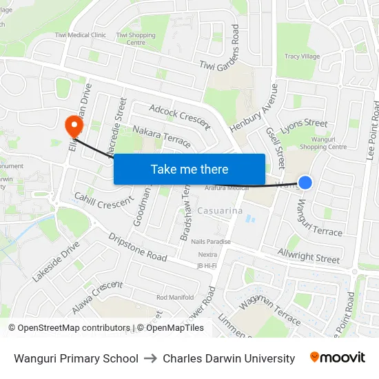 Wanguri Primary School to Charles Darwin University map