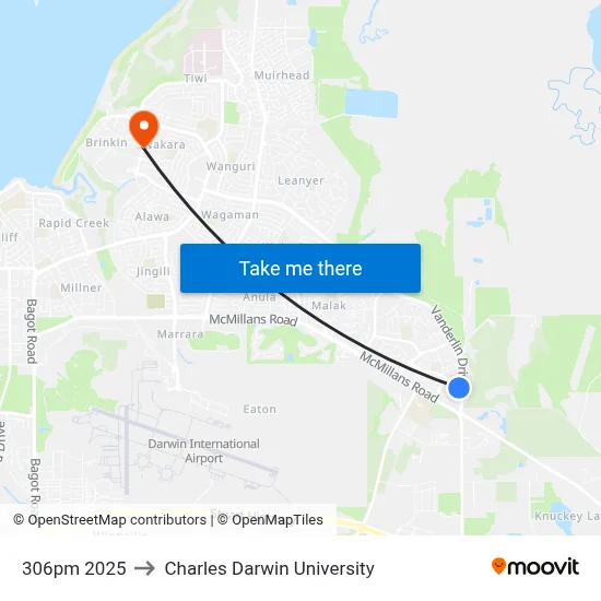 306pm 2025 to Charles Darwin University map