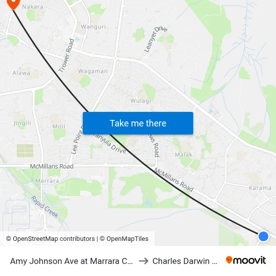 Amy Johnson Ave at Marrara Christian School to Charles Darwin University map