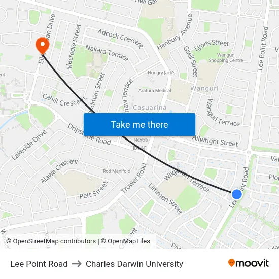 Lee Point Road to Charles Darwin University map