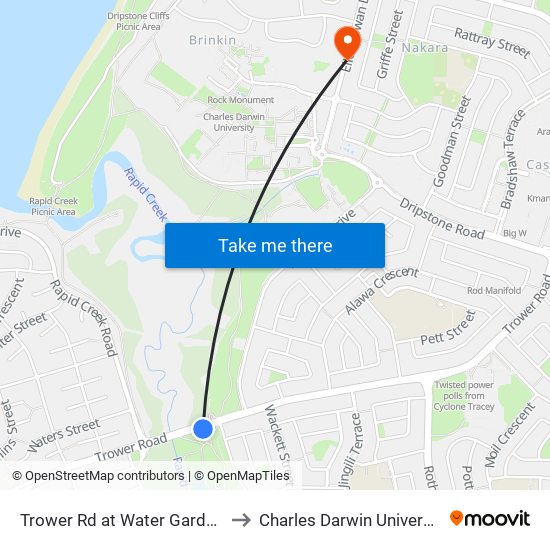 Trower Rd at Water Gardens to Charles Darwin University map