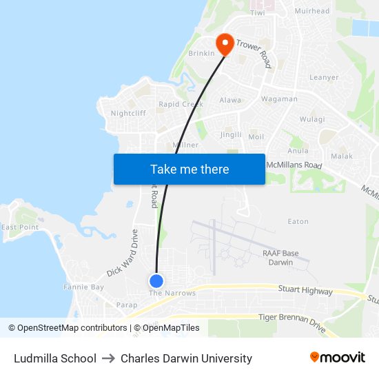 Ludmilla School to Charles Darwin University map