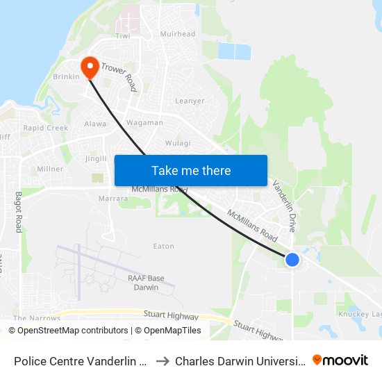 Police Centre Vanderlin Dr to Charles Darwin University map