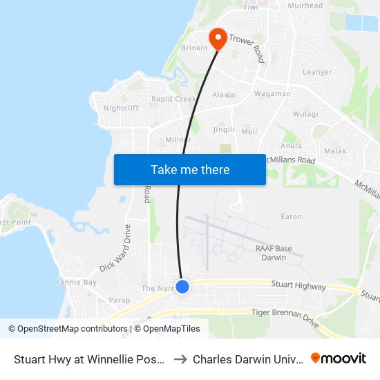 Stuart Hwy at Winnellie Post Office to Charles Darwin University map