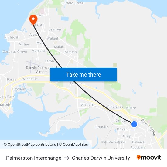 Palmerston Interchange to Charles Darwin University map