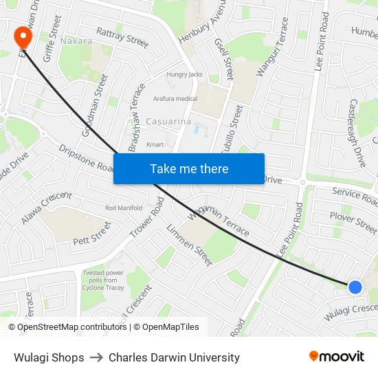 Wulagi Shops to Charles Darwin University map