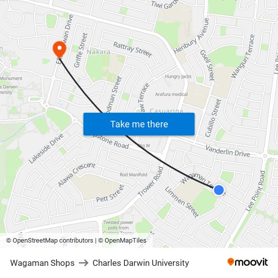 Wagaman Shops to Charles Darwin University map