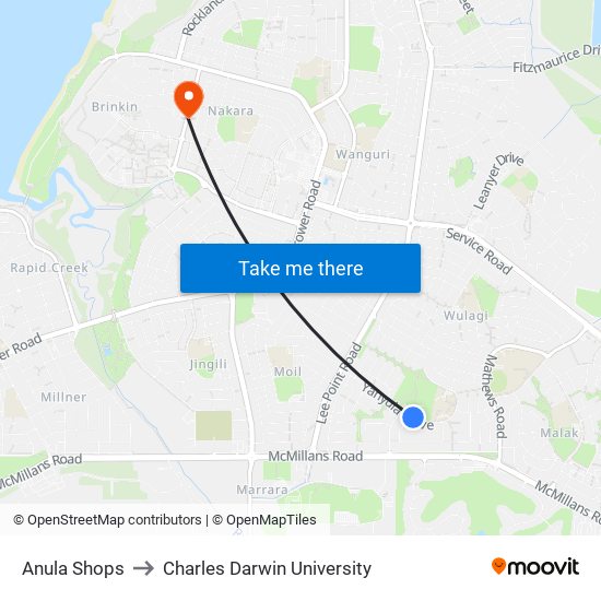 Anula Shops to Charles Darwin University map