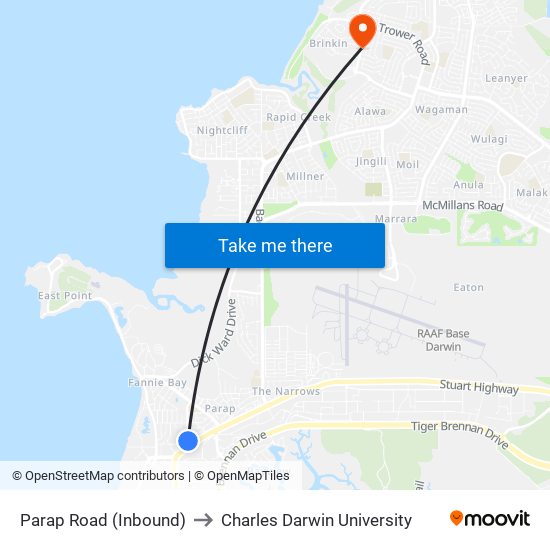 Parap Road (Inbound) to Charles Darwin University map