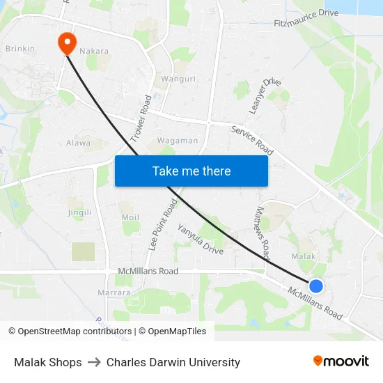 Malak Shops to Charles Darwin University map