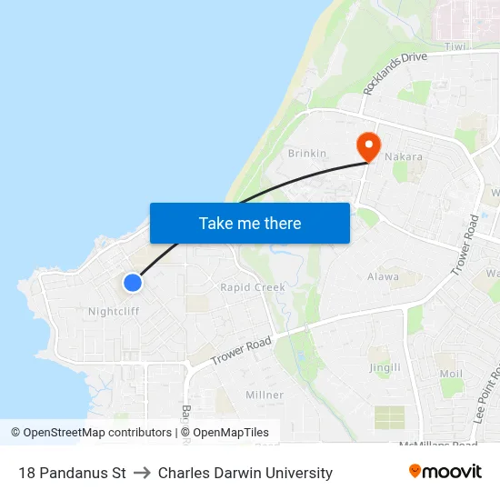 18 Pandanus St to Charles Darwin University map