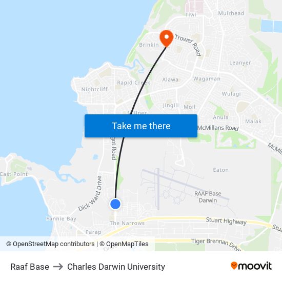 Raaf Base to Charles Darwin University map