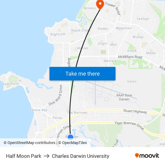 Half Moon Park to Charles Darwin University map