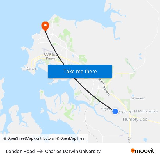 London Road to Charles Darwin University map