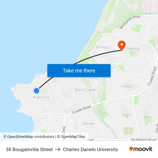 38 Bougainvilia Street to Charles Darwin University map