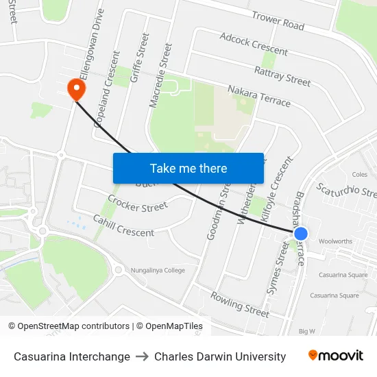 Casuarina Interchange to Charles Darwin University map