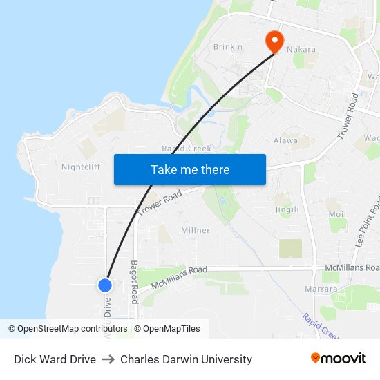 Dick Ward Drive to Charles Darwin University map