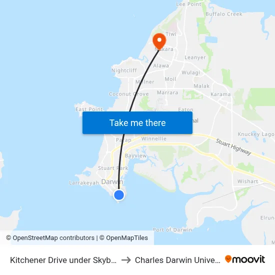 Kitchener Drive under Skybridge to Charles Darwin University map