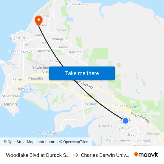 Woodlake Blvd at Durack School to Charles Darwin University map