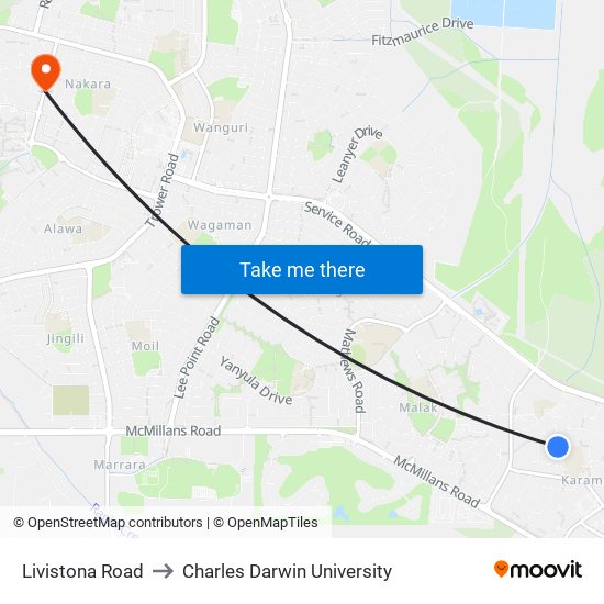 Livistona Road to Charles Darwin University map