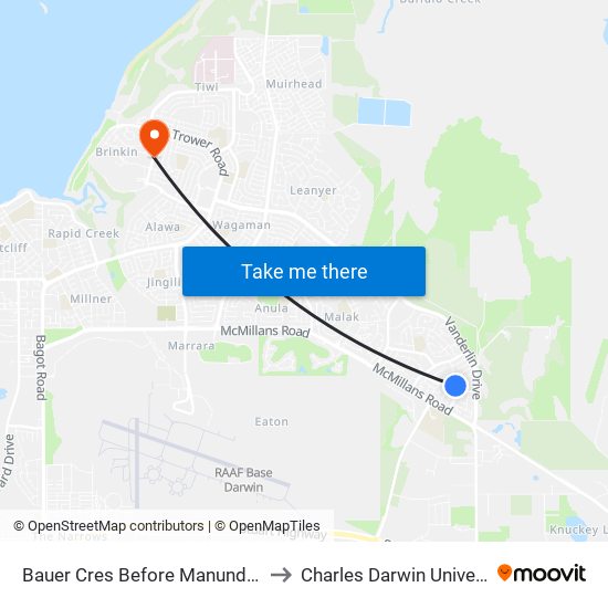 Bauer Cres Before Manunda Tce to Charles Darwin University map