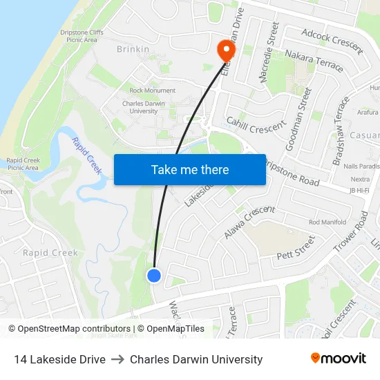 14 Lakeside Drive to Charles Darwin University map