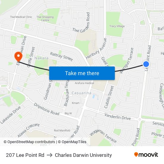 207 Lee Point Rd to Charles Darwin University map