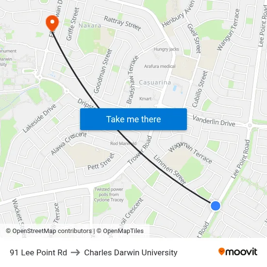91 Lee Point Rd to Charles Darwin University map