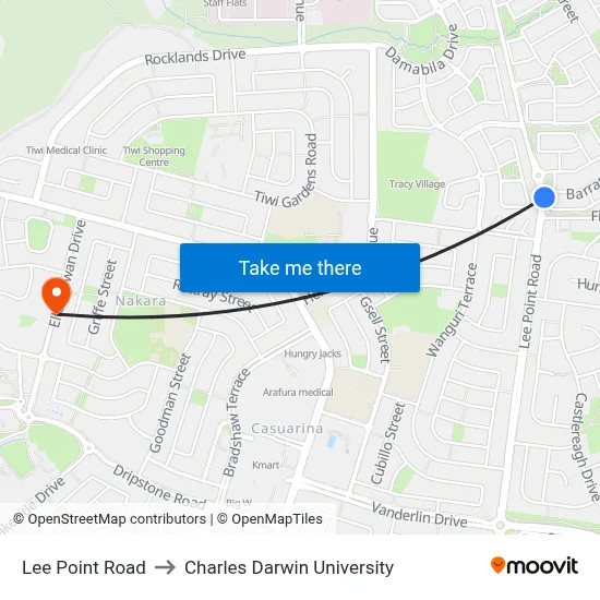 Lee Point Road to Charles Darwin University map