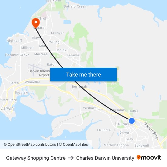 Gateway Shopping Centre to Charles Darwin University map