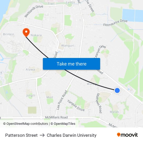 Patterson Street to Charles Darwin University map