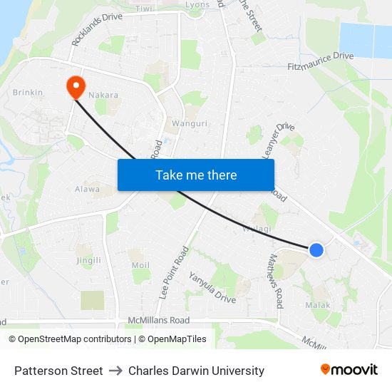 Patterson Street to Charles Darwin University map