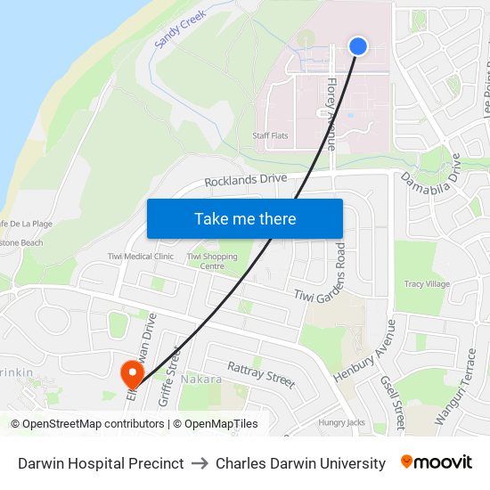 Darwin Hospital Precinct to Charles Darwin University map