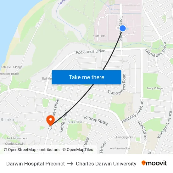 Darwin Hospital Precinct to Charles Darwin University map