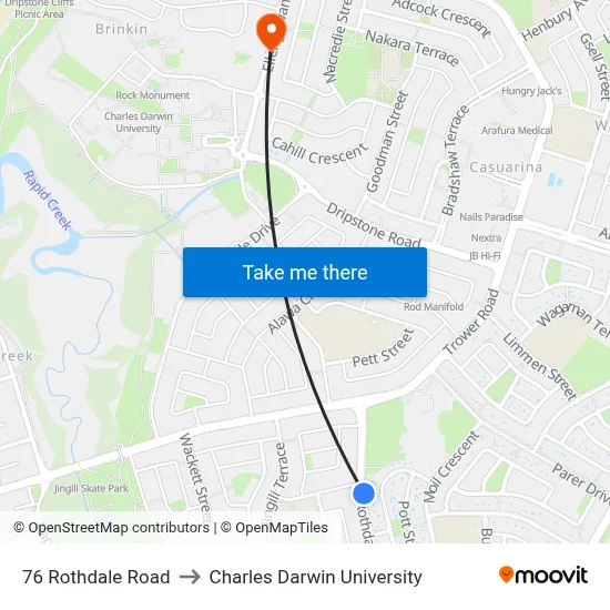 76 Rothdale Road to Charles Darwin University map