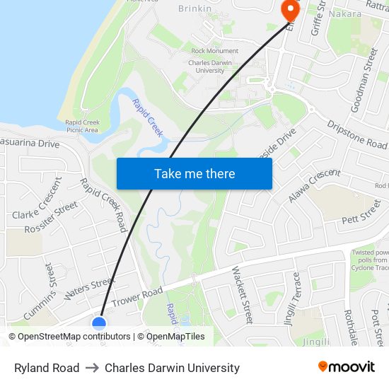 Ryland Road to Charles Darwin University map